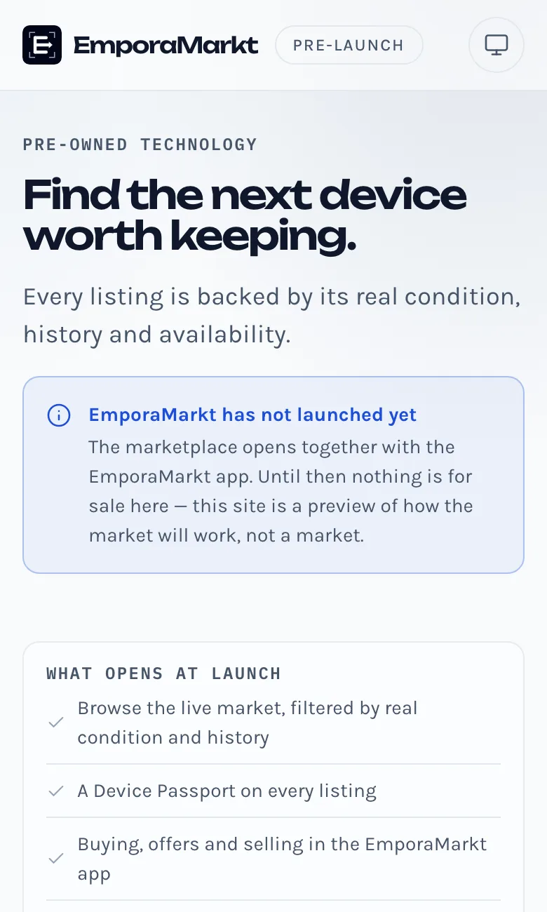 The EmporaMarkt website on a phone, with the headline “Find the next device worth keeping”.