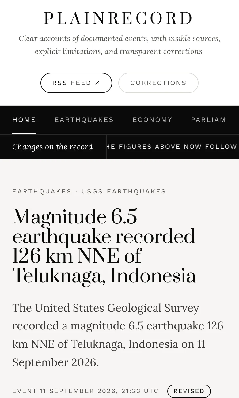 The PlainRecord website on a phone, showing a record about an earthquake with its source and a revised label.