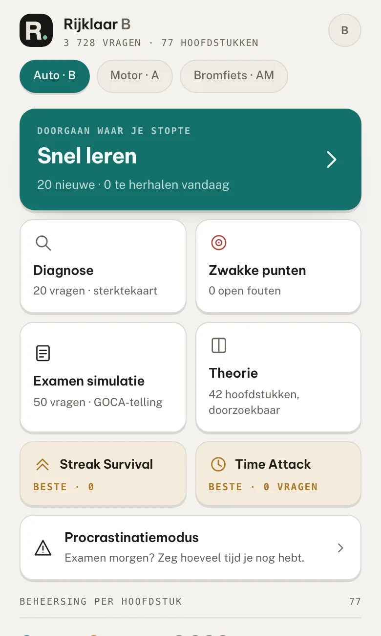 The Rijklaar app home screen, with the categories Auto B, Motor A and Bromfiets AM and the study modes.